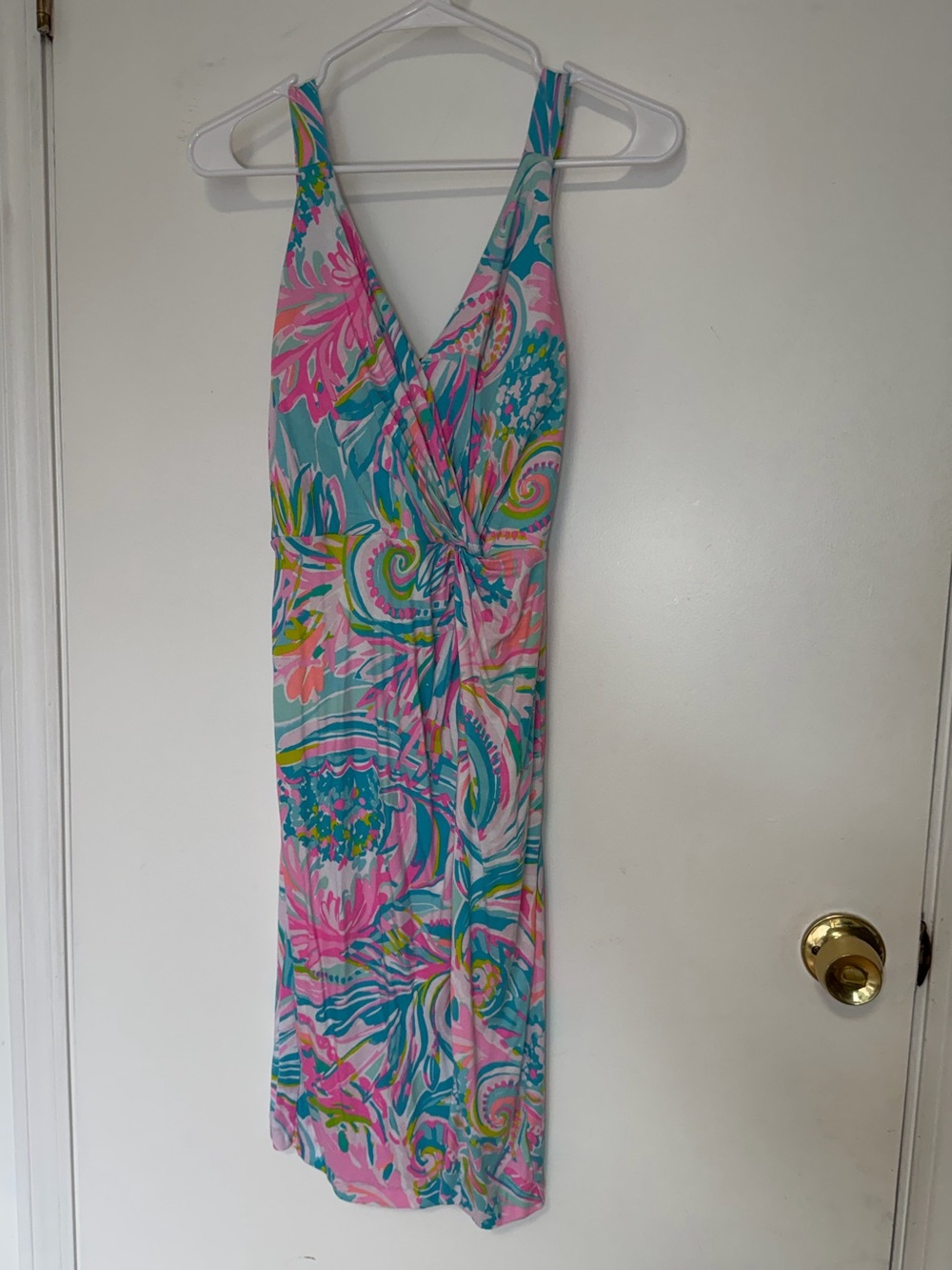 Lilly Pulitzer Ricci Dress Size 8 Pink Aqua Tropical Print Twist Front